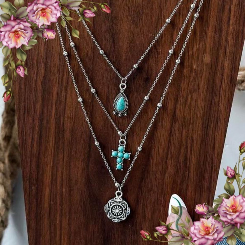 3pcs fake Turquoise cross Western Cowgirl Vintage‎ style Chain Necklace Set